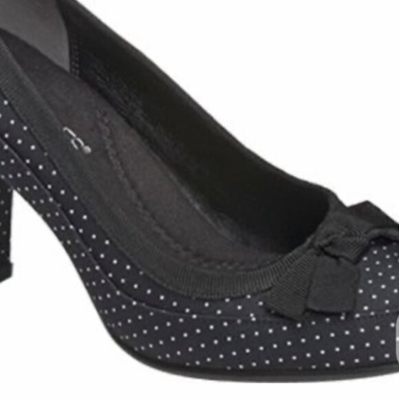 Aerosoles SZ 9 Benefit Black Polka Dot Peep Toe Heels 50's Bow Pin Up Office - Picture 2 of 12